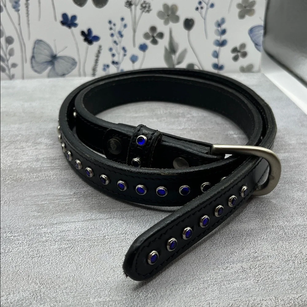 Black Leather Belt with Cobalt  Blue Accents Rhinestone Silver Tone Size 28